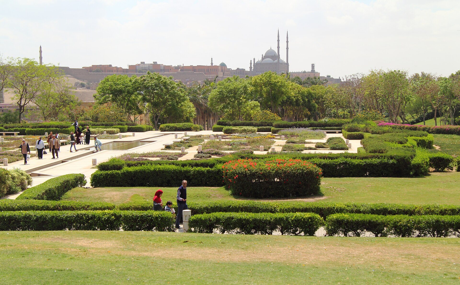The gardens of Al-Azhar Park with the Citadel behind