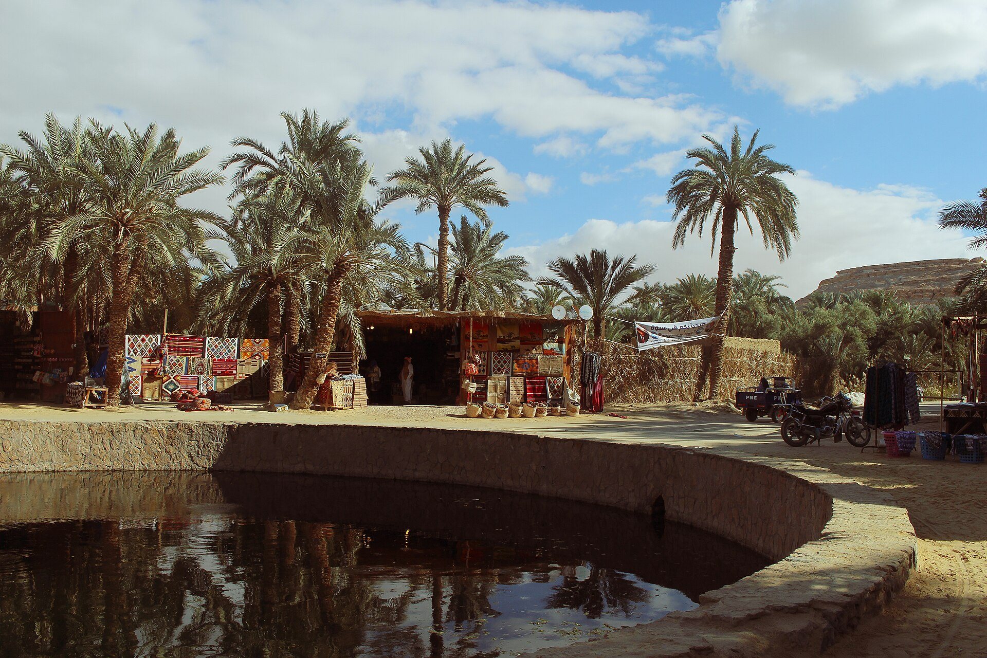 Cleopatra's Spring, a stone-rimmed pool among palms in Siwa