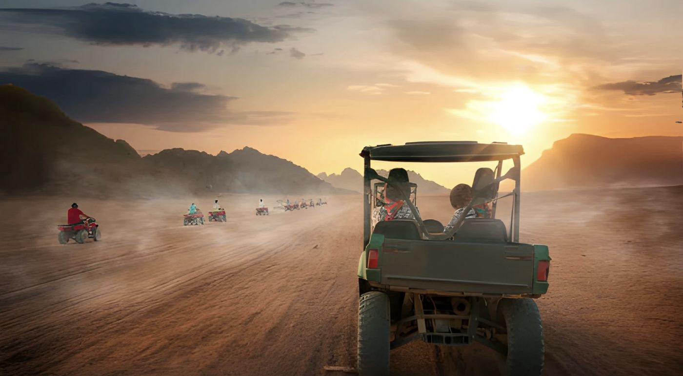 A desert buggy ride at sunset