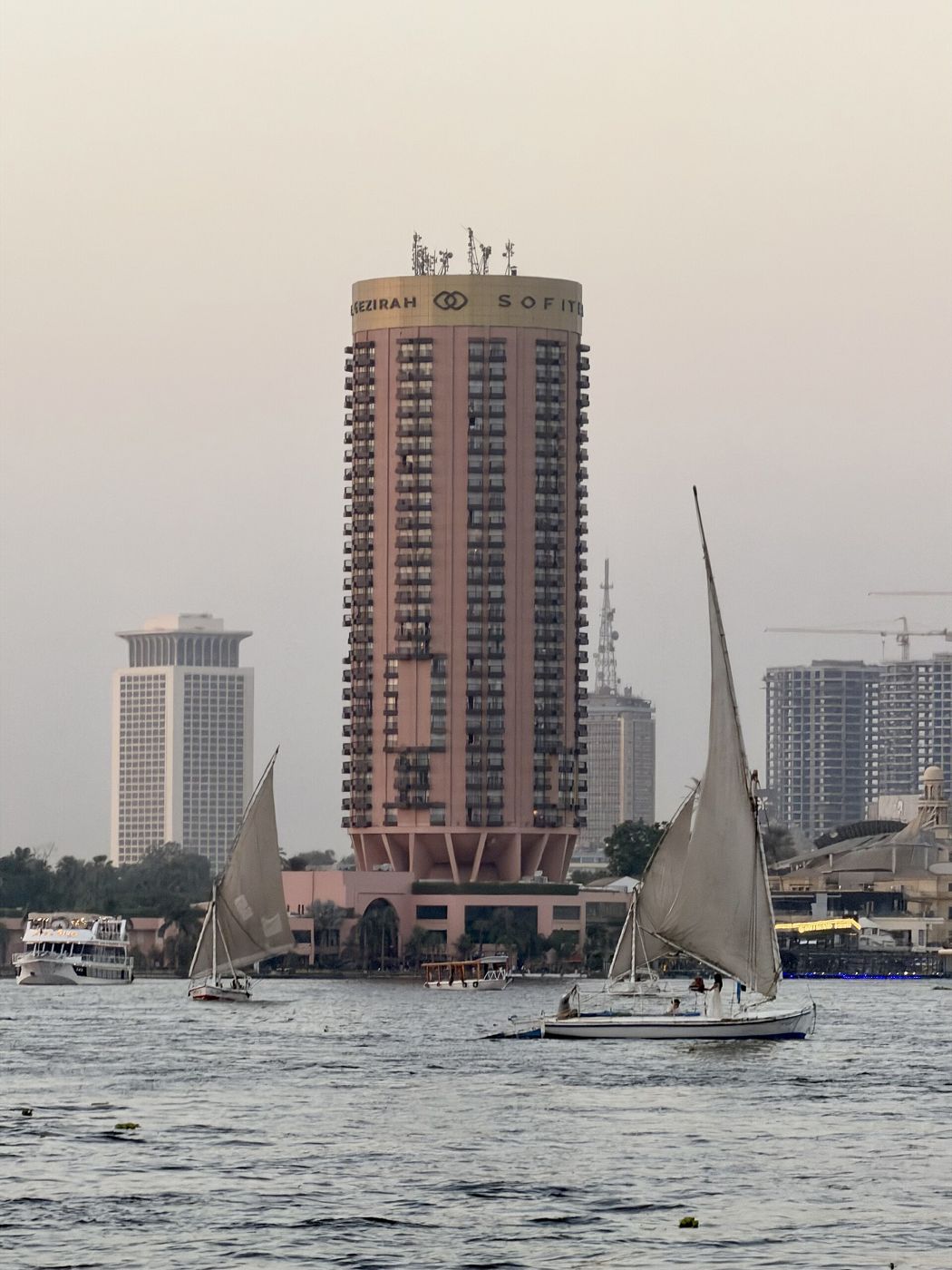 Hotels and feluccas on the Nile in Cairo
